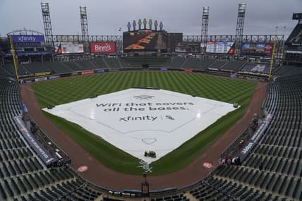 Apr 16, 2023; Chicago, Illinois, USA; The game between the Chicago White Sox and the Baltimore Orioles is delayed because of rain in the area at Guaranteed Rate Field. Mandatory Credit: David Banks-USA TODAY Sports