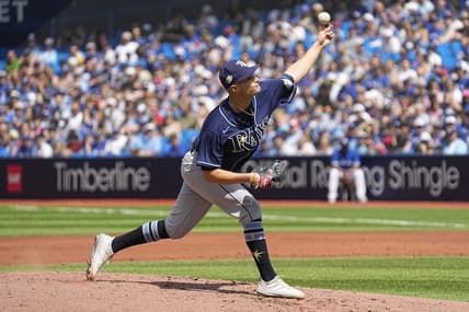 Apr 16, 2023; Toronto, Ontario, CAN; Tampa Bay Rays starting pitcher Shane McClanahan (18) pitches to the Toronto Blue Jays during the first inning at Rogers Centre. Mandatory Credit: John E. Sokolowski-USA TODAY Sports