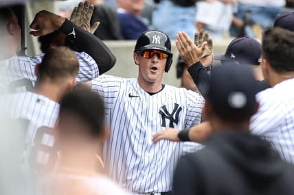 Apr 16, 2023; Bronx, New York, USA;  New York Yankees third baseman DJ LeMahieu (26) is greeted in the dugout after hitting a home run in the sixth inning against the Minnesota Twins at Yankee Stadium. Mandatory Credit: Wendell Cruz-USA TODAY Sports