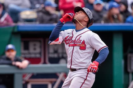 Apr 16, 2023; Kansas City, Missouri, USA; Atlanta Braves second baseman Ozzie Albies (1) reacts as he crosses home plate after hitting a home run during the fourth inning against the Kansas City Royals at Kauffman Stadium. Mandatory Credit: William Purnell-USA TODAY Sports
