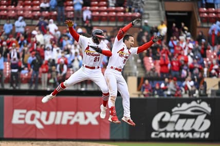 Apr 16, 2023; St. Louis, Missouri, USA;  St. Louis Cardinals shortstop Tommy Edman (19) celebrates with left fielder Lars Nootbaar (21) after hitting a walk-off one run single against the Pittsburgh Pirates during the tenth inning at Busch Stadium. Mandatory Credit: Jeff Curry-USA TODAY Sports