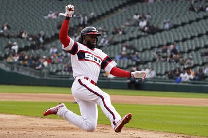 Apr 16, 2023; Chicago, Illinois, USA; Chicago White Sox center fielder Luis Robert Jr. (88) slides safely into third base against the Baltimore Orioles during the first inning at Guaranteed Rate Field. Mandatory Credit: David Banks-USA TODAY Sports
