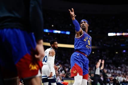 Apr 16, 2023; Denver, Colorado, USA; Denver Nuggets guard Kentavious Caldwell-Pope (5) gestures after a play in the second quarter against the Minnesota Timberwolves during game one of the 2023 NBA Playoffs at Ball Arena. Mandatory Credit: Isaiah J. Downing-USA TODAY Sports