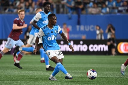 Apr 15, 2023; Charlotte, North Carolina, USA; Charlotte FC defender Harrison Afful (25) passes the ball in the second half at Bank of America Stadium. Mandatory Credit: Bob Donnan-USA TODAY Sports