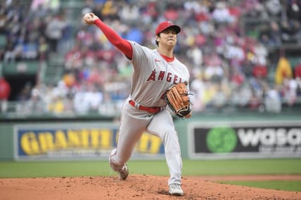 Apr 17, 2023; Boston, Massachusetts, USA;  Los Angeles Angels starting pitcher Shohei Ohtani (17) pitches during the first inning against the Boston Red Sox at Fenway Park. Mandatory Credit: Bob DeChiara-USA TODAY Sports
