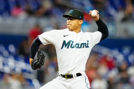 Apr 17, 2023; Miami, Florida, USA; Miami Marlins starting pitcher Jesus Luzardo (44) throws a pitch against the San Francisco Giants during the first inning at loanDepot Park. Mandatory Credit: Rich Storry-USA TODAY Sports