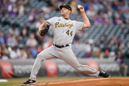 Apr 17, 2023; Denver, Colorado, USA; Pittsburgh Pirates starting pitcher Rich Hill (44) pitches in the first inning against the Colorado Rockies at Coors Field. Mandatory Credit: Isaiah J. Downing-USA TODAY Sports