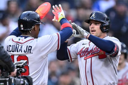 Apr 17, 2023; San Diego, California, USA; Atlanta Braves third baseman Austin Riley (right) is congratulated by right fielder Ronald Acuna (13) after hitting a two-run home run against the San Diego Padres during the first inning at Petco Park. Mandatory Credit: Orlando Ramirez-USA TODAY Sports