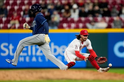 Cincinnati Reds second baseman Jonathan India (6) fields a ground ball off the bat of Tampa Bay Rays shortstop Wander Franco (5) in the eighth inning of the MLB National League game between the Cincinnati Reds and the Tampa Bay Rays at Great American Ball Park in downtown Cincinnati on Monday, April 17, 2023. The Reds won 8-1.

Tampa Bay Rays At Cincinnati Reds