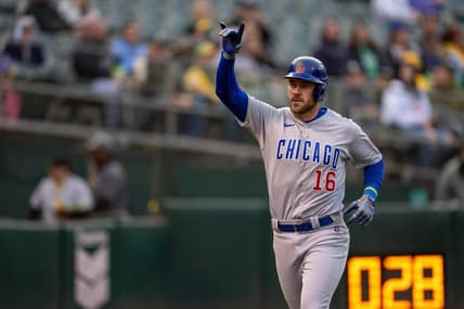 Apr 17, 2023; Oakland, California, USA;  Chicago Cubs third baseman Patrick Wisdom (16) celebrates as he touches home plate after hitting a solo home run against the Oakland Athletics during the second inning at RingCentral Coliseum. Mandatory Credit: Neville E. Guard-USA TODAY Sports