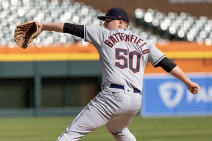 Apr 18, 2023; Detroit, Michigan, USA; Cleveland Guardians pitcher Peyton Battenfield (50) pitches  against the Detroit Tigers at Comerica Park. Mandatory Credit: David Reginek-USA TODAY Sports