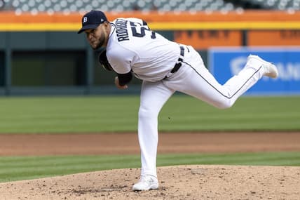 Apr 18, 2023; Detroit, Michigan, USA; Detroit Tigers starting pitcher Eduardo Rodriguez (57) pitches against the Cleveland Guardians at Comerica Park. Mandatory Credit: David Reginek-USA TODAY Sports