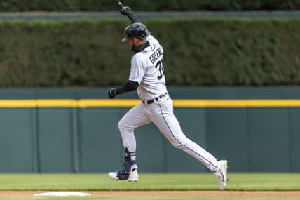 Apr 18, 2023; Detroit, Michigan, USA; Detroit Tigers center fielder Riley Greene (31) hits a solo home run against the Cleveland Guardians in the sixth inning at Comerica Park. Mandatory Credit: David Reginek-USA TODAY Sports