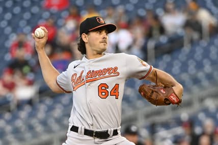 Apr 18, 2023; Washington, District of Columbia, USA; Baltimore Orioles starting pitcher Dean Kremer (64) throws to the Washington Nationals during the first inning at Nationals Park. Mandatory Credit: Brad Mills-USA TODAY Sports