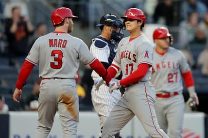 Apr 18, 2023; Bronx, New York, USA; Los Angeles Angels designated hitter Shohei Ohtani (17) celebrates his two run home run against the New York Yankees with left fielder Taylor Ward (3) during the first inning at Yankee Stadium. Mandatory Credit: Brad Penner-USA TODAY Sports
