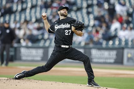 Apr 18, 2023; Chicago, Illinois, USA; Chicago White Sox starting pitcher Lucas Giolito (27) delivers against the Philadelphia Phillies during the first inning of game two of the doubleheader at Guaranteed Rate Field. Mandatory Credit: Kamil Krzaczynski-USA TODAY Sports