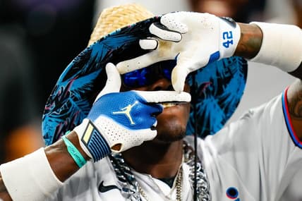 Apr 18, 2023; Miami, Florida, USA; Miami Marlins center fielder Jazz Chisholm Jr. (2) celebrates hitting a three run home run against the San Francisco Giants during the fourth inning at loanDepot Park. Mandatory Credit: Rich Storry-USA TODAY Sports