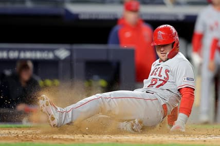 Apr 18, 2023; Bronx, New York, USA; Los Angeles Angels center fielder Mike Trout (27) scores a run against the New York Yankees on a single by third baseman Anthony Rendon (not pictured) during the fourth inning at Yankee Stadium. Mandatory Credit: Brad Penner-USA TODAY Sports