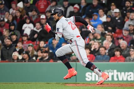 Apr 18, 2023; Boston, Massachusetts, USA; Minnesota Twins designated hitter Byron Buxton (25) runs against the Boston Red Sox during the fifth inning at Fenway Park. Mandatory Credit: Eric Canha-USA TODAY Sports
