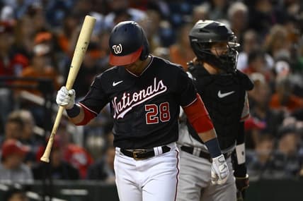 Apr 18, 2023; Washington, District of Columbia, USA; Washington Nationals right fielder Lane Thomas (28) reacts after striking out during the third inning at Nationals Park. Mandatory Credit: Brad Mills-USA TODAY Sports