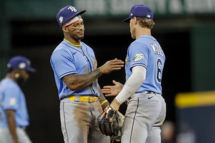 Apr 18, 2023; Cincinnati, Ohio, USA; Tampa Bay Rays shortstop Wander Franco (5) high fives second baseman Taylor Walls (6) after the victory over the Cincinnati Reds at Great American Ball Park. Mandatory Credit: Katie Stratman-USA TODAY Sports