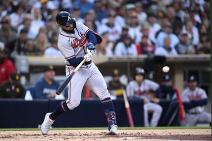 Apr 18, 2023; San Diego, California, USA; Atlanta Braves left fielder Kevin Pillar (17) hits an RBI double against the San Diego Padres during the second inning at Petco Park. Mandatory Credit: Orlando Ramirez-USA TODAY Sports