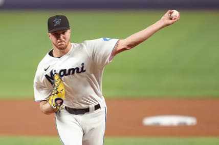 Apr 19, 2023; Miami, Florida, USA;  Miami Marlins starting pitcher Trevor Rogers (28) pitches against the San Francisco Giants in the second inning at loanDepot Park. Mandatory Credit: Jim Rassol-USA TODAY Sports