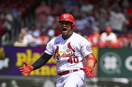 Apr 19, 2023; St. Louis, Missouri, USA;  St. Louis Cardinals designated hitter Willson Contreras (40) reacts after hitting a one run double against the Arizona Diamondbacks during the first inning at Busch Stadium. Mandatory Credit: Jeff Curry-USA TODAY Sports