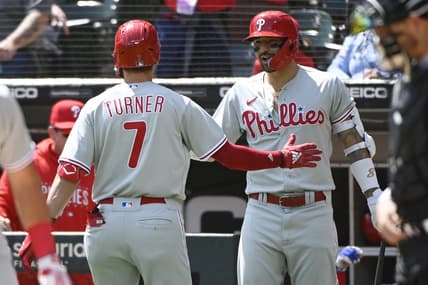 Apr 19, 2023; Chicago, Illinois, USA;  Philadelphia Phillies shortstop Trea Turner (7)  high fives Philadelphia Phillies right fielder Nick Castellanos (8), right, after he hits a home run against the Chicago White Sox during the first inning at Guaranteed Rate Field. Mandatory Credit: Matt Marton-USA TODAY Sports