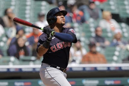 Apr 19, 2023; Detroit, Michigan, USA;  Cleveland Guardians third baseman Jose Ramirez (11) hits a three run home run in the sixth inning against the Detroit Tigers at Comerica Park. Mandatory Credit: Rick Osentoski-USA TODAY Sports