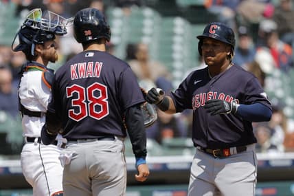 Apr 19, 2023; Detroit, Michigan, USA;  Cleveland Guardians third baseman Jose Ramirez (11) celebrates with Guardians left fielder Steven Kwan (38) after hitting a three run home run in the sixth inning against the Detroit Tigers at Comerica Park. Mandatory Credit: Rick Osentoski-USA TODAY Sports