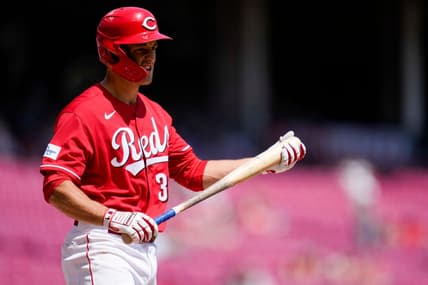 Cincinnati Reds third baseman Jason Vosler (32) rubs his bat after striking out in the sixth inning of the MLB Interleague game between the Cincinnati Reds and the Tampa Bay Rays at Great American Ball Park in downtown Cincinnati on Wednesday, April 19, 2023.

Tampa Bay Rays At Cincinnati Reds