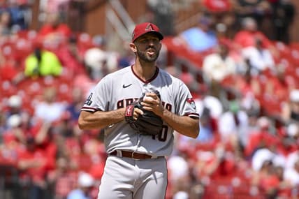 Apr 19, 2023; St. Louis, Missouri, USA;  Arizona Diamondbacks starting pitcher Madison Bumgarner (40) exchanges words with St. Louis Cardinals designated hitter Willson Contreras (not pictured) during the third inning at Busch Stadium. Mandatory Credit: Jeff Curry-USA TODAY Sports