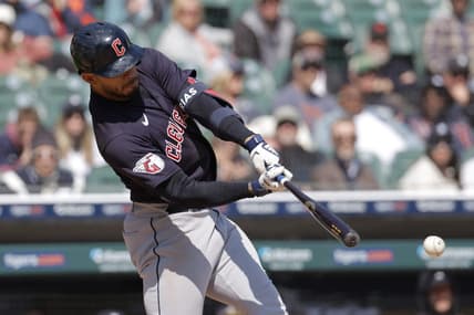 Apr 19, 2023; Detroit, Michigan, USA;  Cleveland Guardians second baseman Gabriel Arias (13) hits a single in the ninth inning against the Detroit Tigers at Comerica Park. Mandatory Credit: Rick Osentoski-USA TODAY Sports