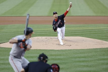 Apr 19, 2023; Washington, District of Columbia, USA; Washington Nationals starting pitcher MacKenzie Gore (1) pitches against Baltimore Orioles first baseman Ryan Mountcastle (6) during the first inning at Nationals Park. Mandatory Credit: Geoff Burke-USA TODAY Sports