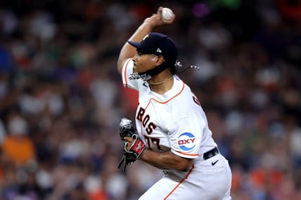 Apr 19, 2023; Houston, Texas, USA; Houston Astros starting pitcher Luis Garcia (77) delivers a pitch against the Toronto Blue Jays during the fourth inning at Minute Maid Park. Mandatory Credit: Erik Williams-USA TODAY Sports