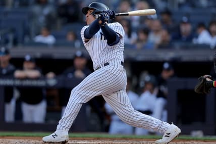 Apr 20, 2023; Bronx, New York, USA; New York Yankees catcher Jose Trevino (39) follows through on a three run double against the Los Angeles Angels during the first inning at Yankee Stadium. Mandatory Credit: Brad Penner-USA TODAY Sports