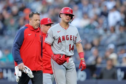 Apr 20, 2023; Bronx, New York, USA; Los Angeles Angels catcher Logan O'Hoppe (14) reacts as he leaves the game after injuring himself on a swing during the ninth inning against the New York Yankees at Yankee Stadium. Mandatory Credit: Brad Penner-USA TODAY Sports
