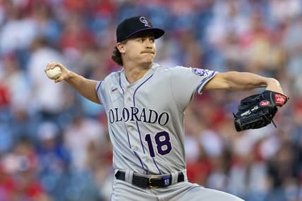 Apr 20, 2023; Philadelphia, Pennsylvania, USA; Colorado Rockies starting pitcher Ryan Feltner (18) throws a pitch during the second inning against the Philadelphia Phillies at Citizens Bank Park. Mandatory Credit: Bill Streicher-USA TODAY Sports
