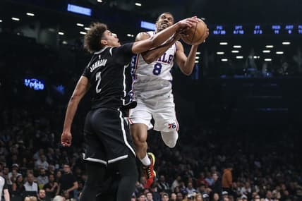 Apr 20, 2023; Brooklyn, New York, USA; Philadelphia 76ers guard De'Anthony Melton (8) looks to drive past Brooklyn Nets forward Cameron Johnson (2) during game three of the 2023 NBA playoffs at Barclays Center. Mandatory Credit: Wendell Cruz-USA TODAY Sports