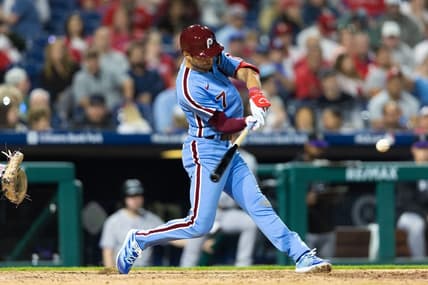 Apr 20, 2023; Philadelphia, Pennsylvania, USA; Philadelphia Phillies shortstop Trea Turner (7) hits a double during the eighth inning against the Colorado Rockies at Citizens Bank Park. Mandatory Credit: Bill Streicher-USA TODAY Sports