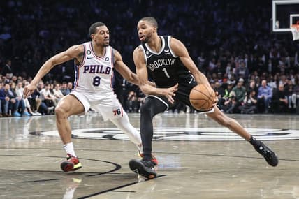 Apr 20, 2023; Brooklyn, New York, USA; Brooklyn Nets forward Mikal Bridges (1) looks to drive past Philadelphia 76ers guard De'Anthony Melton (8) during game three of the 2023 NBA playoffs at Barclays Center. Mandatory Credit: Wendell Cruz-USA TODAY Sports