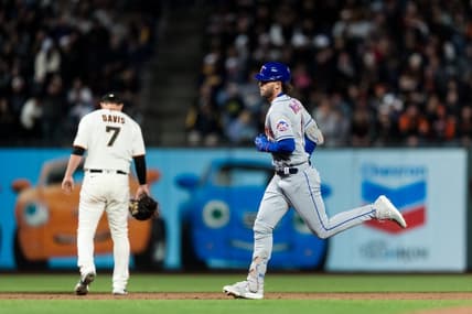 Apr 20, 2023; San Francisco, California, USA;  New York Mets right fielder Jeff McNeil (1) runs the bases after hitting a solo home run against the San Francisco Giants during the sixth inning at Oracle Park. Mandatory Credit: John Hefti-USA TODAY Sports