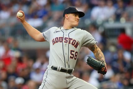 Apr 21, 2023; Atlanta, Georgia, USA; Houston Astros starting pitcher Hunter Brown (58) throws against the Atlanta Braves in the first inning at Truist Park. Mandatory Credit: Brett Davis-USA TODAY Sports