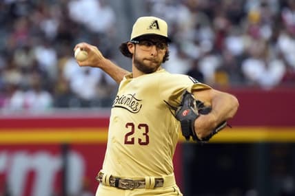 Apr 21, 2023; Phoenix, Arizona, USA; Arizona Diamondbacks pitcher Zac Gallen (23) throws against the San Diego Padres in the first inning at Chase Field. Mandatory Credit: Rick Scuteri-USA TODAY Sports