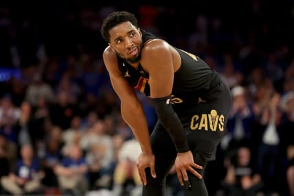 Apr 21, 2023; New York, New York, USA; Cleveland Cavaliers guard Donovan Mitchell (45) reacts during the fourth quarter of game three of the 2023 NBA playoffs against the New York Knicks at Madison Square Garden. Mandatory Credit: Brad Penner-USA TODAY Sports
