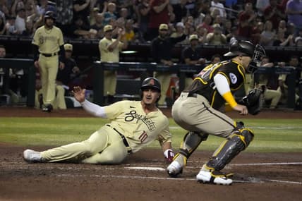 Apr 21, 2023; Phoenix, Arizona, USA; Arizona Diamondbacks third baseman Josh Rojas (10) scores a run against the San Diego Padres in the fifth inning at Chase Field. Mandatory Credit: Rick Scuteri-USA TODAY Sports