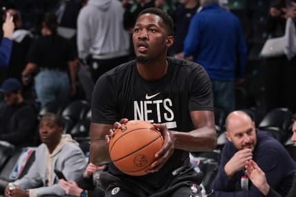 Apr 22, 2023; Brooklyn, New York, USA; Brooklyn Nets forward Dorian Finney-Smith (28) warms up before game four of the 2023 NBA playoffs against the Philadelphia 76ers at Barclays Center. Mandatory Credit: Vincent Carchietta-USA TODAY Sports