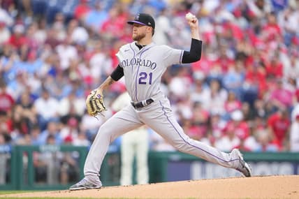 Apr 22, 2023; Philadelphia, Pennsylvania, USA; Colorado Rockies pitcher Kyle Freeland (21) delivers a pitch against the Philadelphia Phillies during the first inning at Citizens Bank Park. Mandatory Credit: Gregory Fisher-USA TODAY Sports