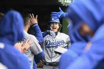 Apr 22, 2023; Chicago, Illinois, USA; Los Angeles Dodgers center fielder James Outman (33) celebrates in the dugout after hitting a home run against the Chicago Cubs during the second inning at Wrigley Field. Mandatory Credit: Matt Marton-USA TODAY Sports